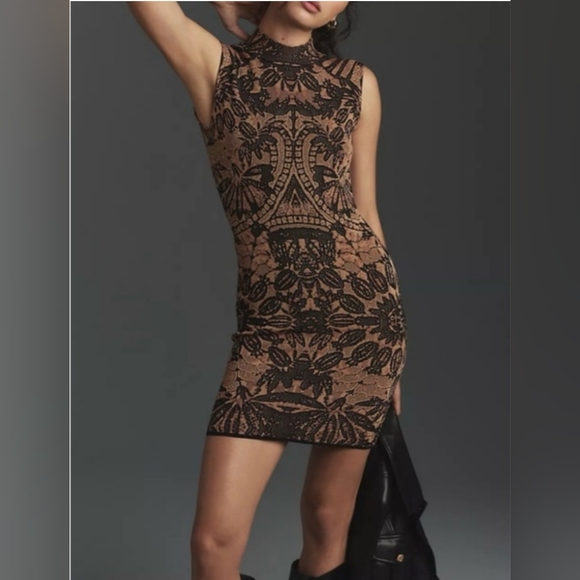 NWT Anthropologie Mock-Neck Cap-Sleeve Slim Knit Mini Dress M Brown $198 - Picture 9 of 11